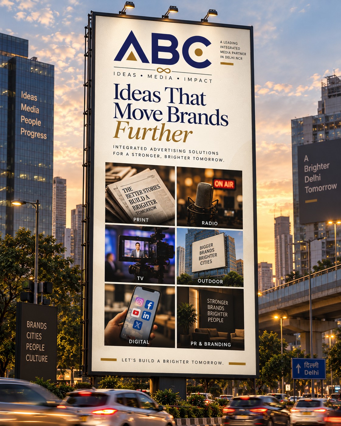 An ABC Mediamix billboard over a city street at sunset: “Ideas That Move Brands Further”