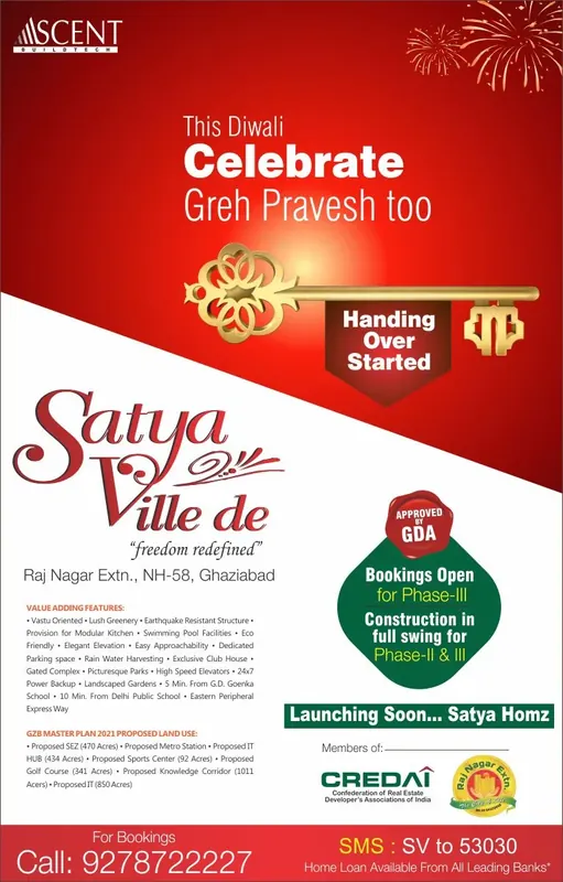 Ascent — Satya Ville De — Full page, Dainik Jagran — “This Diwali, celebrate Greh Pravesh too” — Raj Nagar Extension
