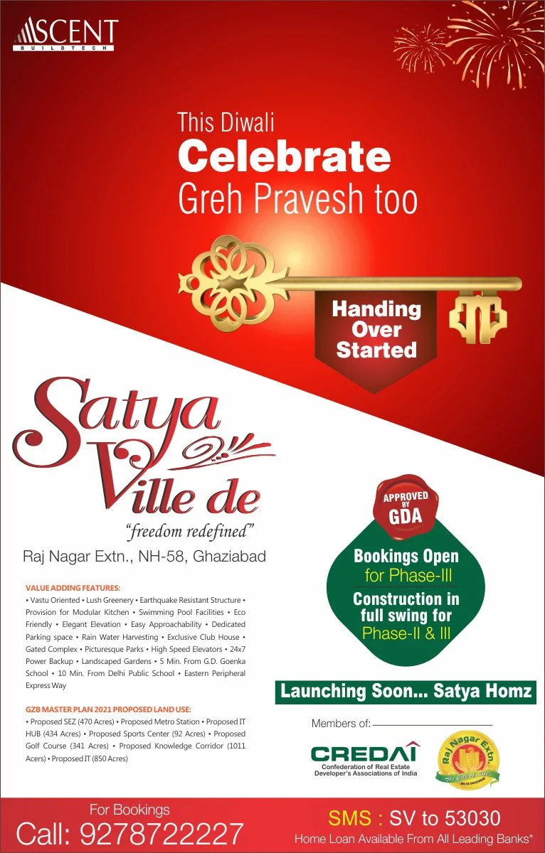 Ascent — Satya Ville De — Full page, Dainik Jagran — “This Diwali, celebrate Greh Pravesh too” — Raj Nagar Extension