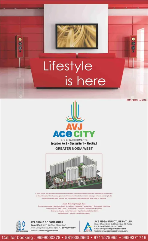 AVJ Group — Ace City — Full page, Hindustan Times — “Lifestyle is here” — 2/3 BHK, Greater Noida West