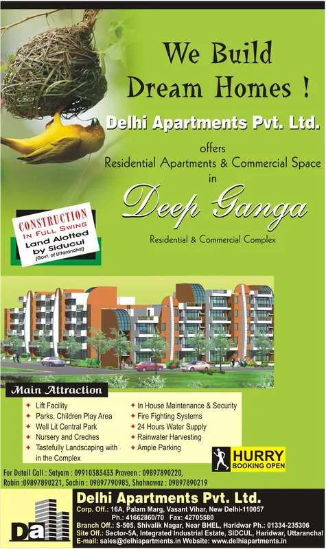 Delhi Apartments — Deep Ganga — Full page, Amar Ujala — “We build dream homes!” — Haridwar, 12 × 20 cm