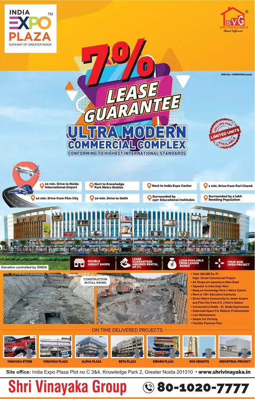 Shri Vinayaka Group — India Expo Plaza — Full page, Hindustan Times — 7% lease guarantee, Greater Noida, 33.2 × 52 cm