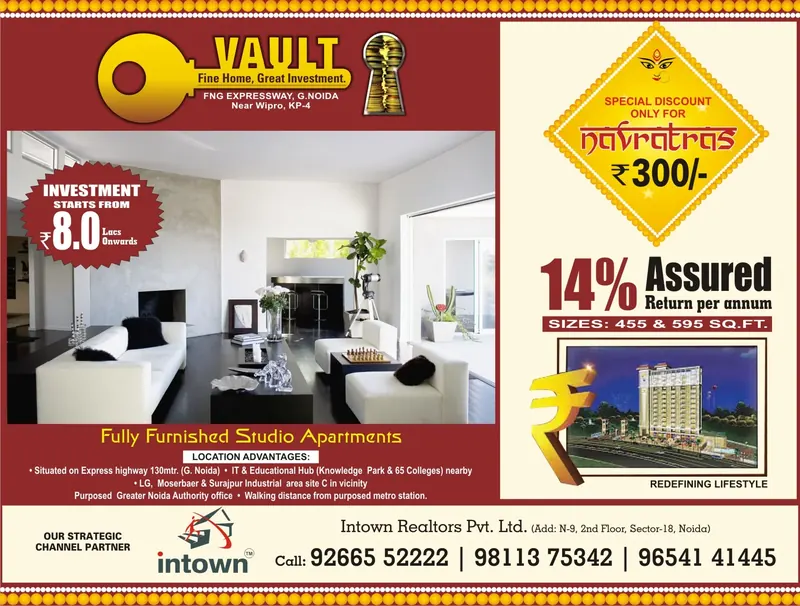 Intown Realtors — Vault — Half page, The Times of India — Furnished studio apartments, 14% assured return
