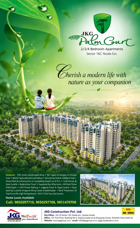 JKG Construction — Palm Court — Full page, Hindustan Times — “Cherish a modern life with nature as your companion”