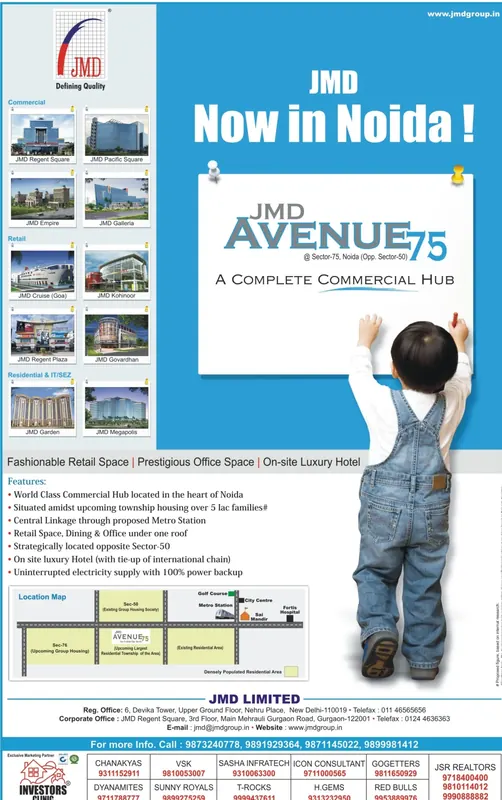 JMD — Avenue 75 — Jacket, The Times of India — “JMD, now in Noida!” — commercial hub, jacket front & inside