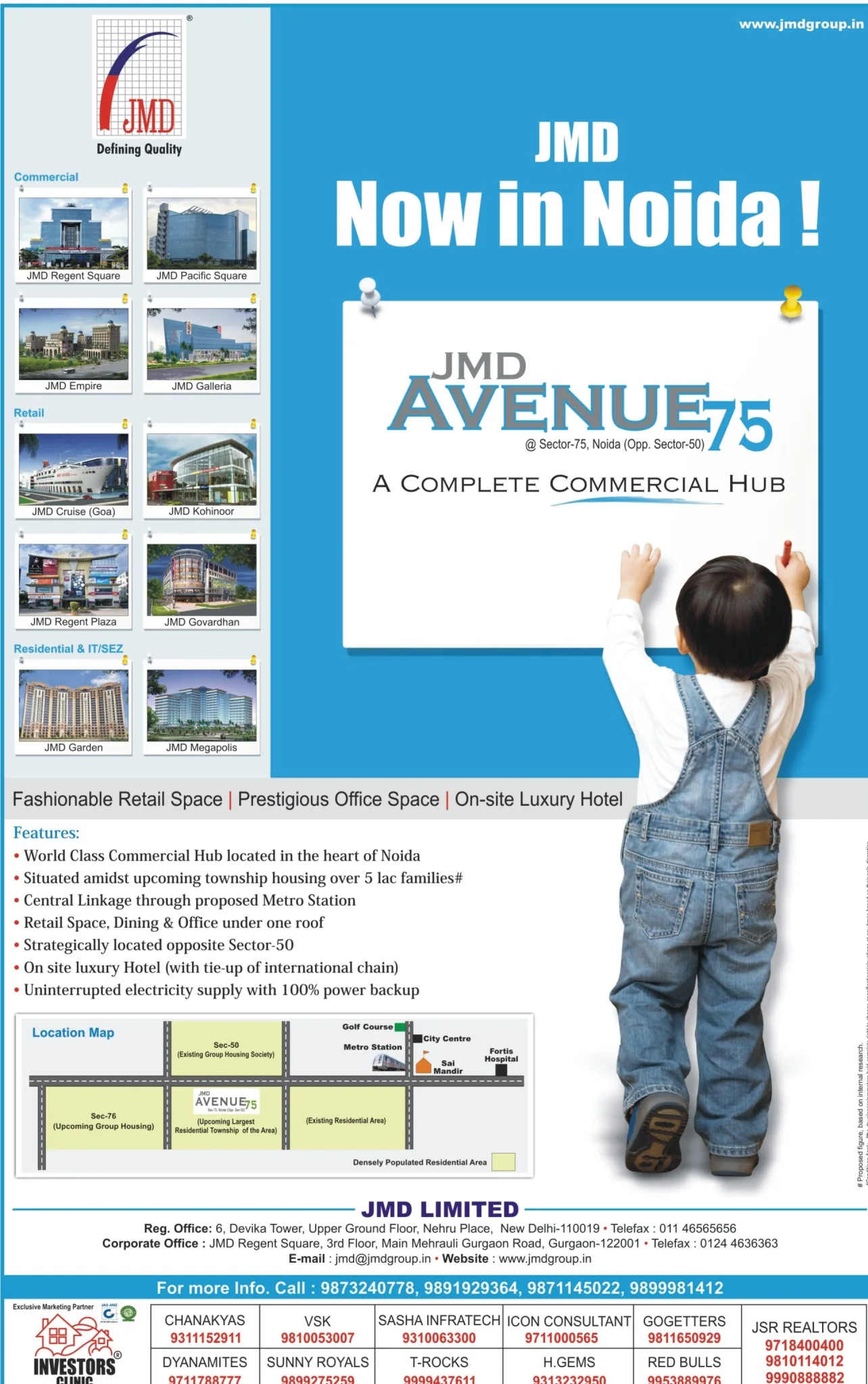 JMD — Avenue 75 — jacket, The Times of India: “JMD, now in Noida!” — commercial hub, jacket front & inside