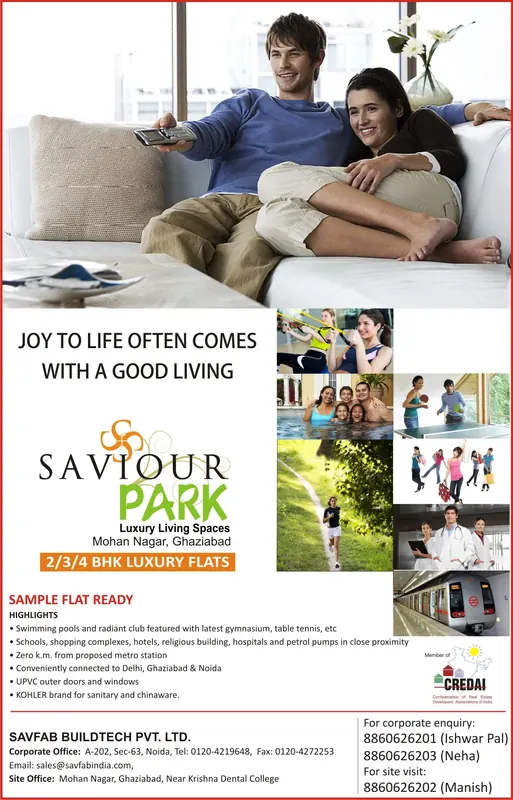 Savfab — Saviour Park — Full page, Dainik Jagran — “Joy to life often comes with a good living” — Mohan Nagar, 16 × 25 cm