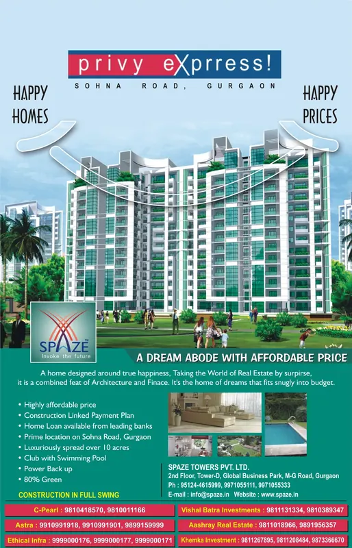 Spaze — Privy Express — Full page, The Times of India — “Happy homes, happy prices” — Sohna Road, Gurgaon, 16 × 25 cm
