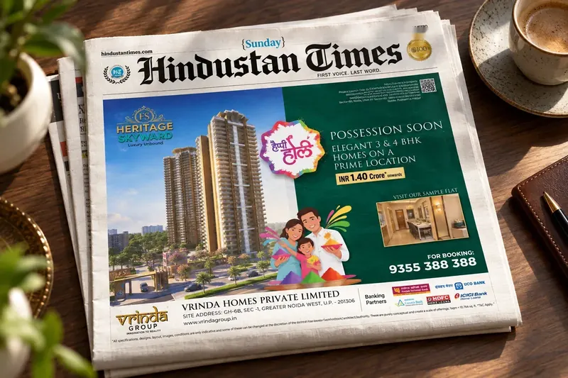 Vrinda Group — Heritage Skyward — Half page, Hindustan Times — Holi front-page half