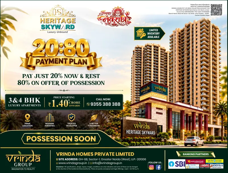 Vrinda Group — Heritage Skyward — Half page, The Times of India — 20:80 payment plan, 3 & 4 BHK — Noida edition