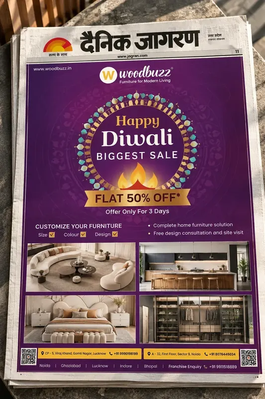 Woodbuzz — Full page, Dainik Jagran — “Happy Diwali, biggest sale”