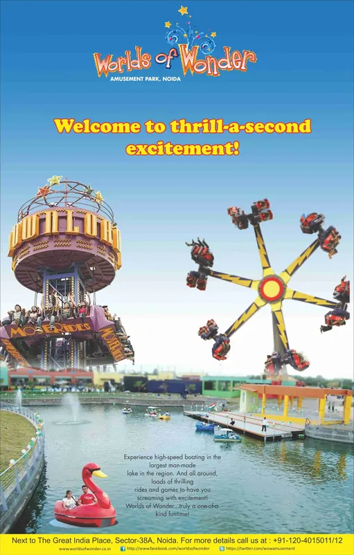 Worlds of Wonder — Full page, The Times of India — “Welcome to thrill-a-second excitement!” — amusement park, Noida