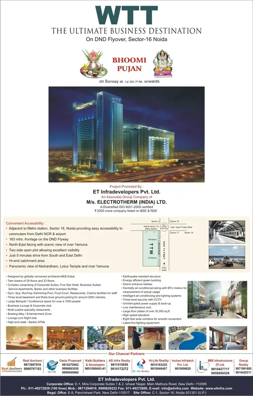 ET Infra — WTT — Jacket, Hindustan Times — Bhoomi pujan, “the ultimate business destination”, Sector 16, Noida — jacket front & inside