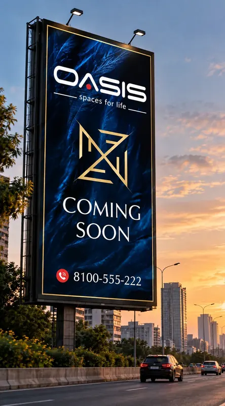 Oasis — Spaces for Life — Vertical “coming soon” unipole