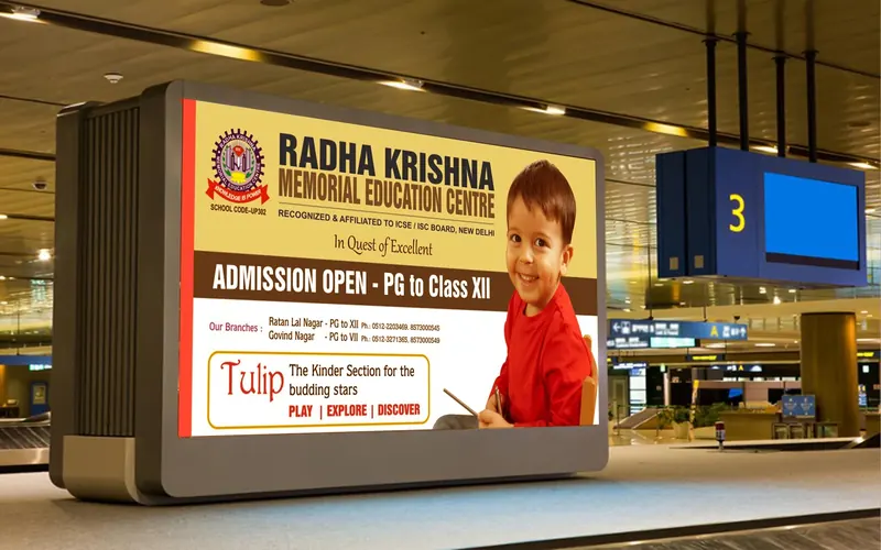 Radha Krishna Memorial Education Centre — Admissions open, PG to Class XII — backlit panel