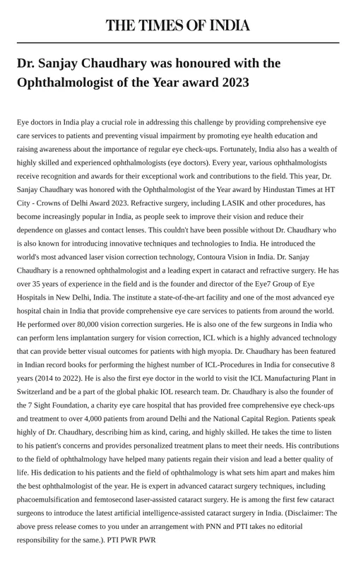 Contoura Vision — Eye7 — Dr. Sanjay Chaudhary named Ophthalmologist of the Year — The Times of India, online