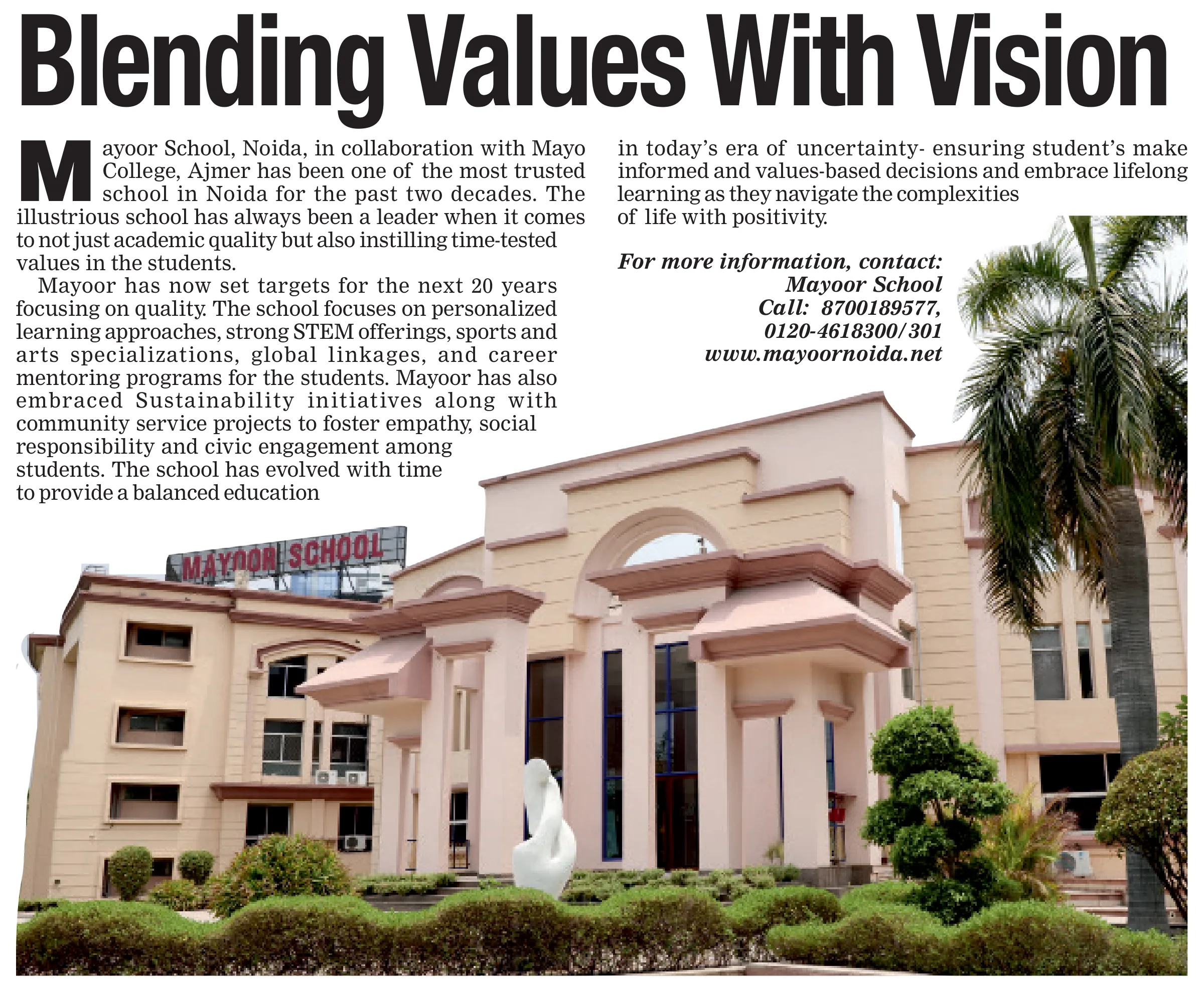 Mayoor School, Noida — “Blending values with vision” — school feature, with Mayo College, Ajmer
